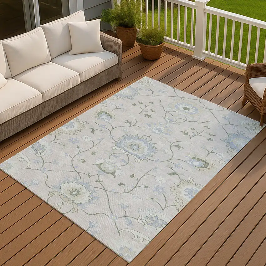 Pearl And Ivory Floral Washable Indoor Outdoor Area Rug Photo 8