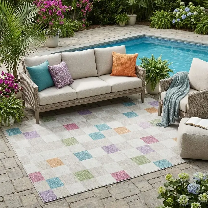 Pearl And Ivory Geometric Washable Indoor Outdoor Area Rug Photo 1