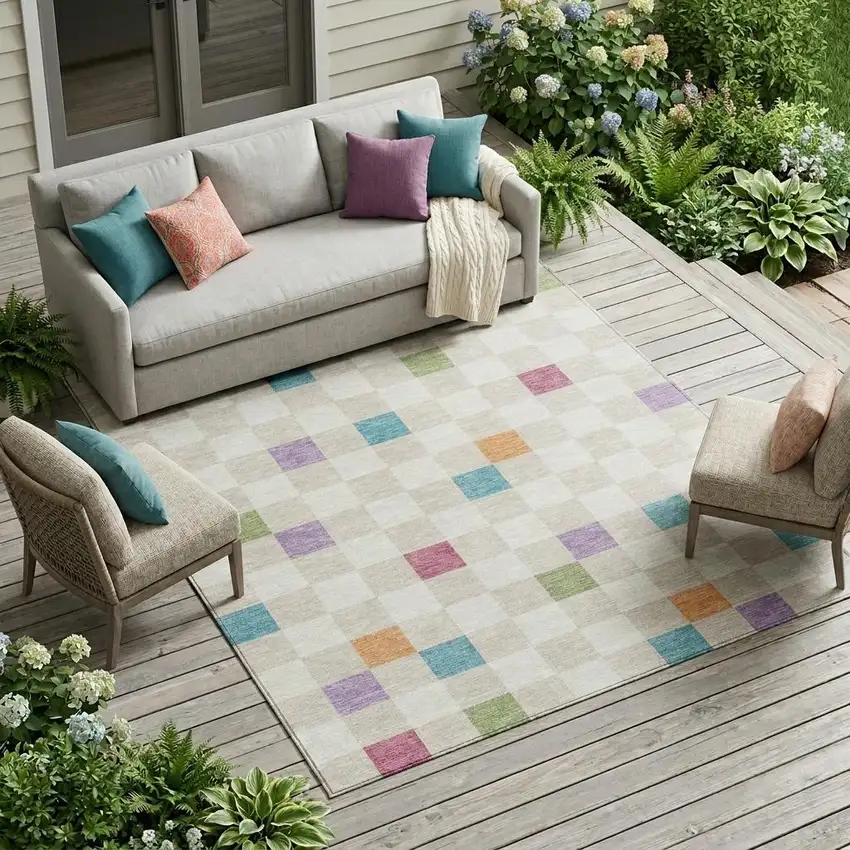 Pearl And Ivory Geometric Washable Indoor Outdoor Area Rug Photo 1