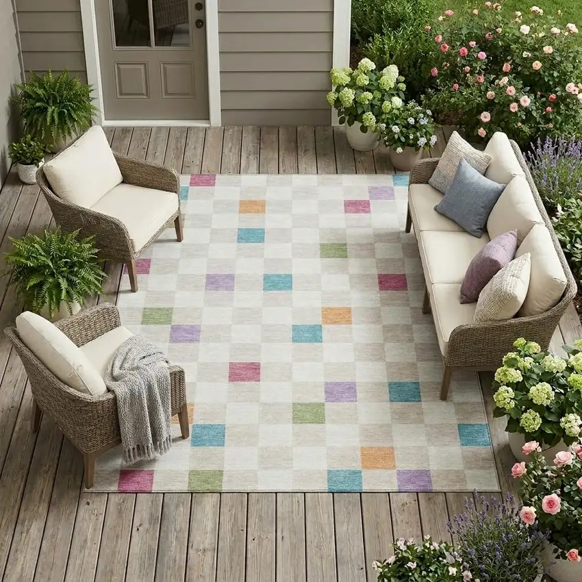 Pearl And Ivory Geometric Washable Indoor Outdoor Area Rug Photo 1