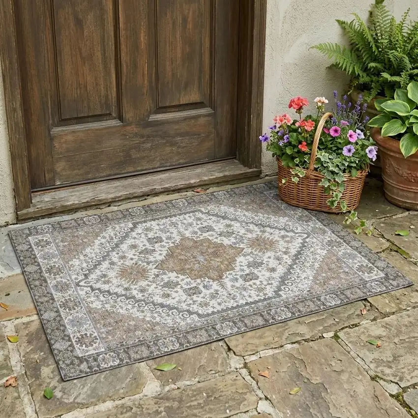 Pearl And Ivory Oriental Washable Indoor Outdoor Area Rug Photo 1