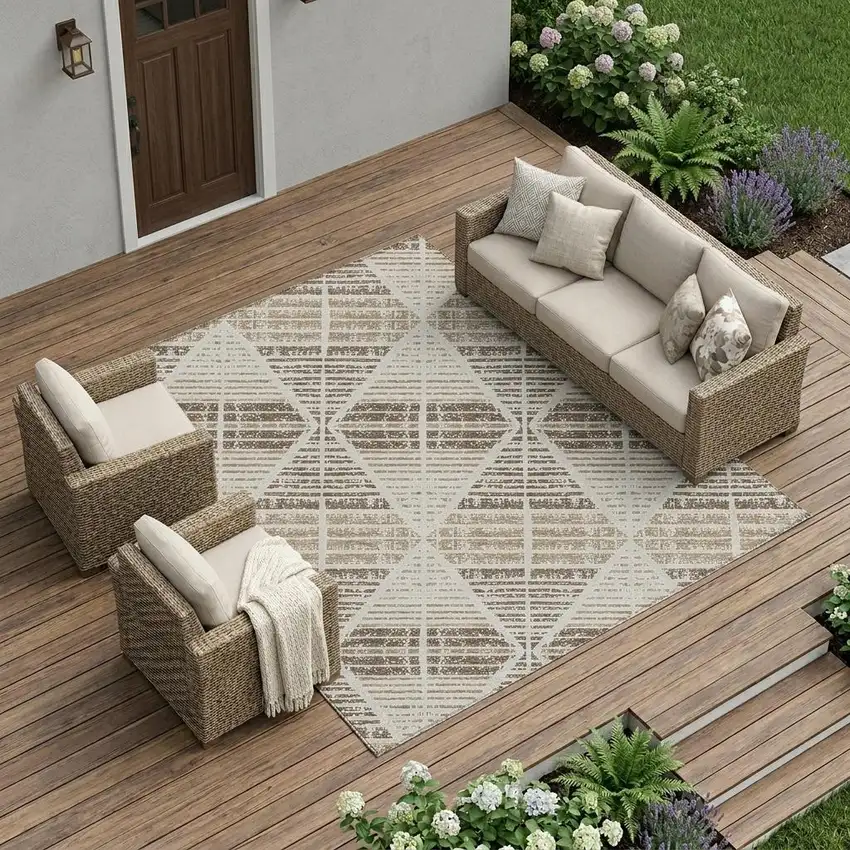Pearl And Navy Blue Geometric Washable Indoor Outdoor Area Rug Photo 1