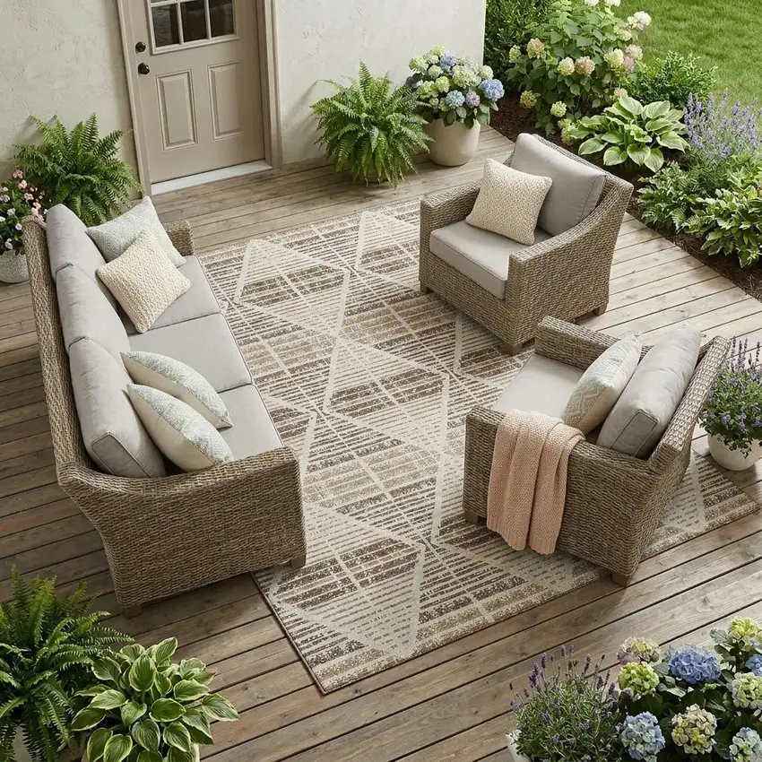 Pearl And Navy Blue Geometric Washable Indoor Outdoor Area Rug Photo 1