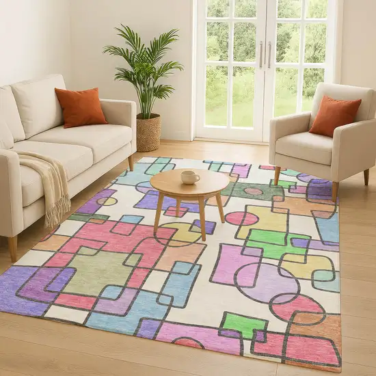 Pearl And Pink Geometric Washable Indoor Outdoor Area Rug Photo 5