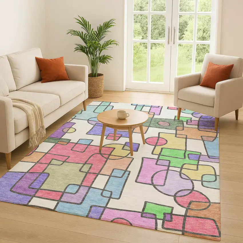 Pearl And Pink Geometric Washable Indoor Outdoor Area Rug Photo 5