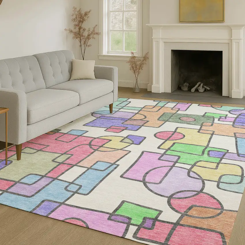 Pearl And Pink Geometric Washable Indoor Outdoor Area Rug Photo 6