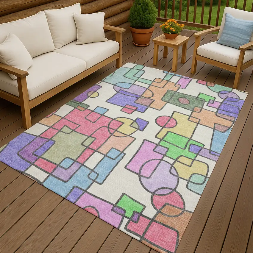 Pearl And Pink Geometric Washable Indoor Outdoor Area Rug Photo 7