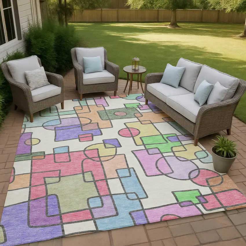 Pearl And Pink Geometric Washable Indoor Outdoor Area Rug Photo 4