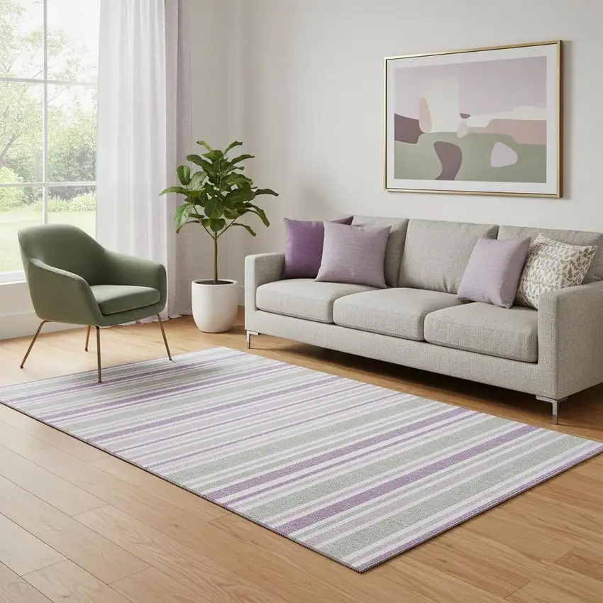 Pearl And Purple Striped Washable Area Rug With UV Protection Photo 1