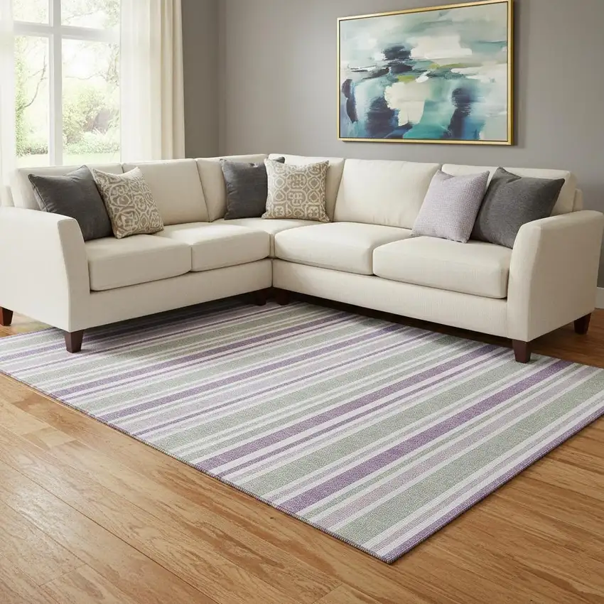 Pearl And Purple Striped Washable Area Rug With UV Protection Photo 1