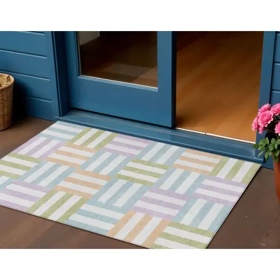 Pearl Blue And Lavender Geometric Washable Indoor Outdoor Area Rug Photo 1