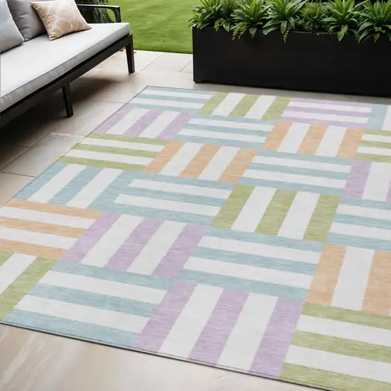 Pearl Blue And Lavender Geometric Washable Indoor Outdoor Area Rug Photo 1