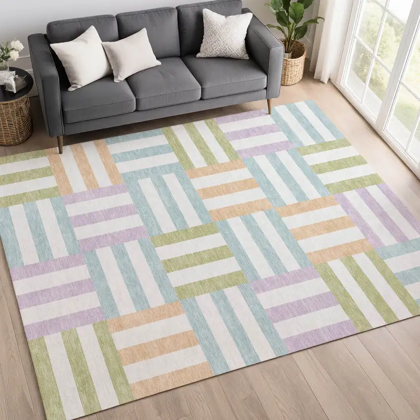 Pearl Blue And Lavender Geometric Washable Indoor Outdoor Area Rug Photo 9