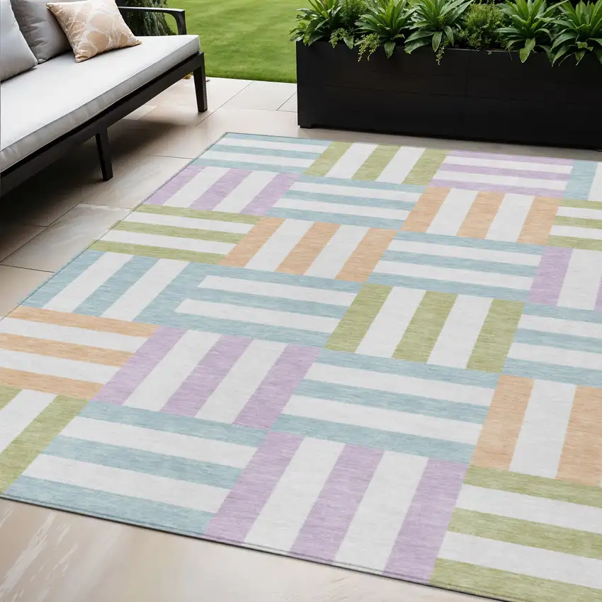 Pearl Blue And Lavender Geometric Washable Indoor Outdoor Area Rug Photo 2