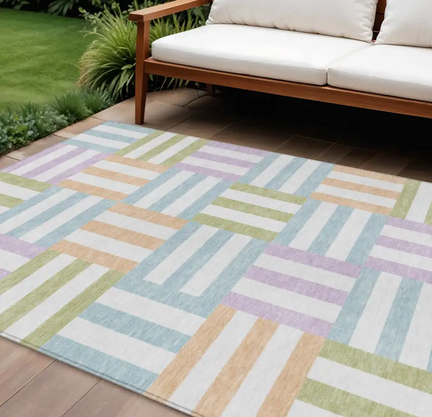 Pearl Blue And Lavender Geometric Washable Indoor Outdoor Area Rug Photo 3