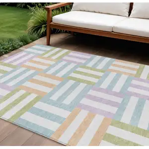 Photo of Pearl Blue And Lavender Geometric Washable Indoor Outdoor Area Rug