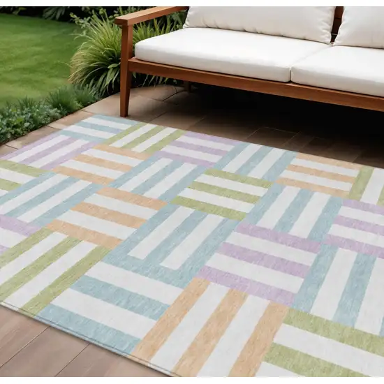 Pearl Blue And Lavender Geometric Washable Indoor Outdoor Area Rug Photo 1