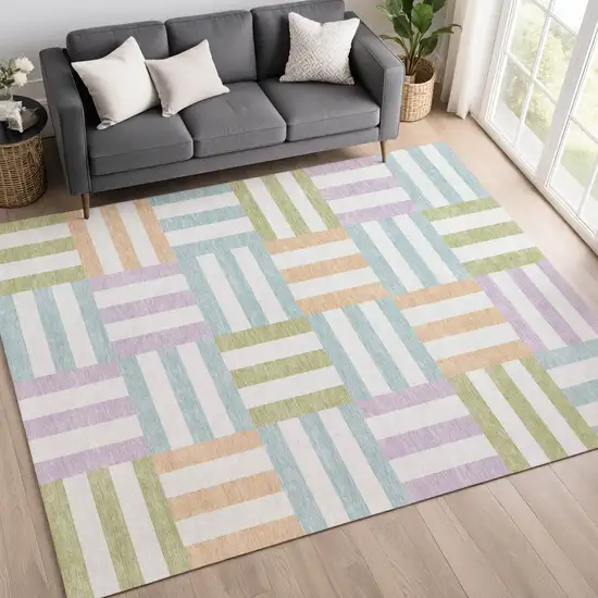 Pearl Blue And Lavender Geometric Washable Indoor Outdoor Area Rug Photo 9