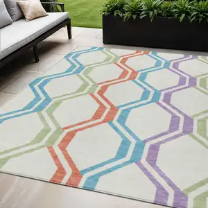 Photo of Pearl Blue And Purple Geometric Washable Indoor Outdoor Area Rug