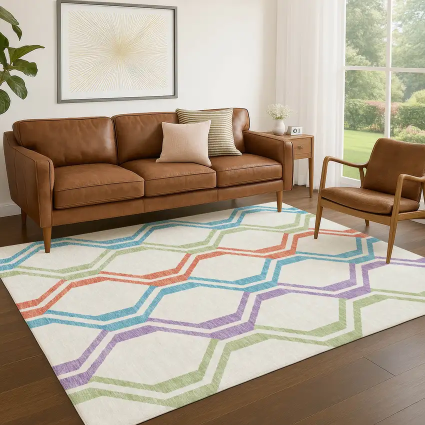 Pearl Blue And Purple Geometric Washable Indoor Outdoor Area Rug Photo 9