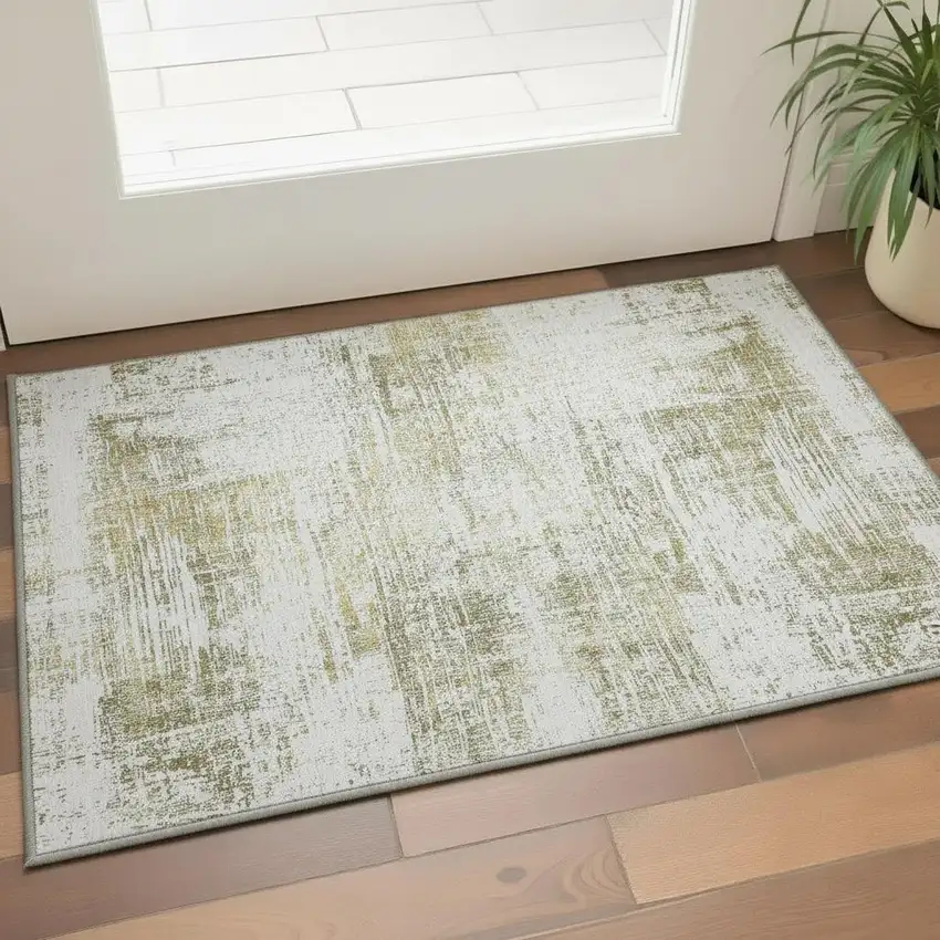 Pearl Gold And Green Abstract Washable Area Rug With UV Protection Photo 2