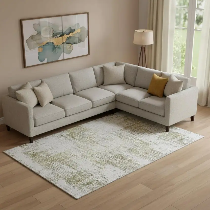 Pearl Gold And Green Abstract Washable Area Rug With UV Protection Photo 2