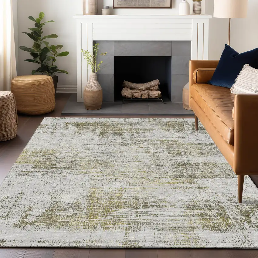 Pearl Gold And Green Abstract Washable Area Rug With UV Protection Photo 5