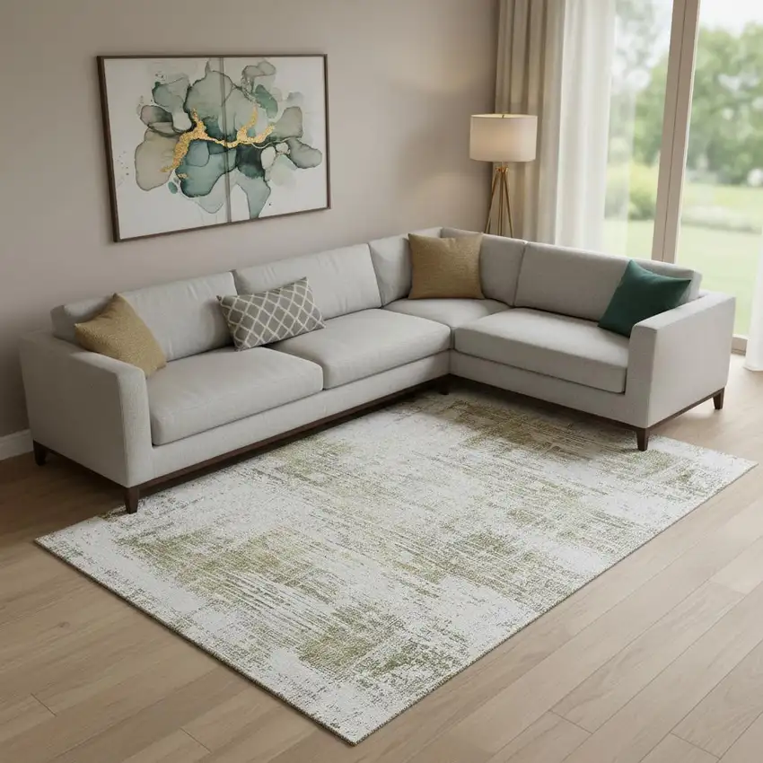 Pearl Gold And Green Abstract Washable Area Rug With UV Protection Photo 1