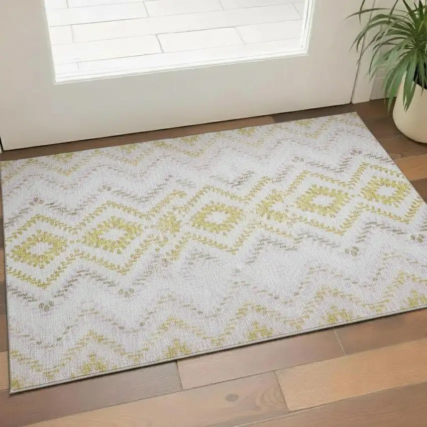 Pearl Gold And Ivory Geometric Washable Area Rug With UV Protection Photo 1