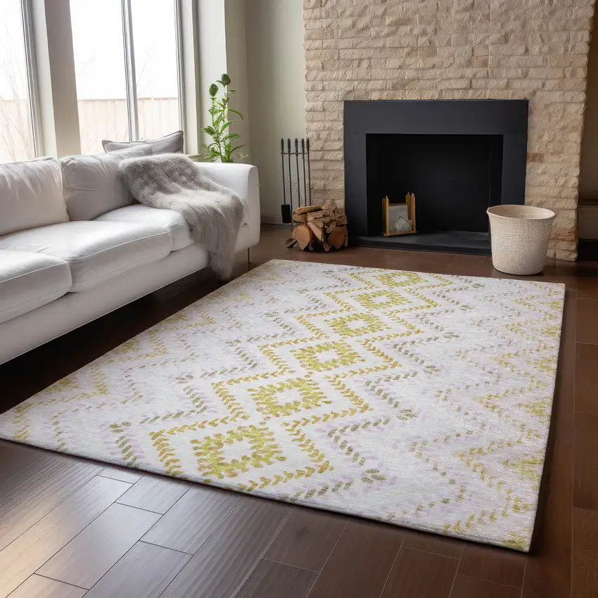Pearl Gold And Ivory Geometric Washable Area Rug With UV Protection Photo 5