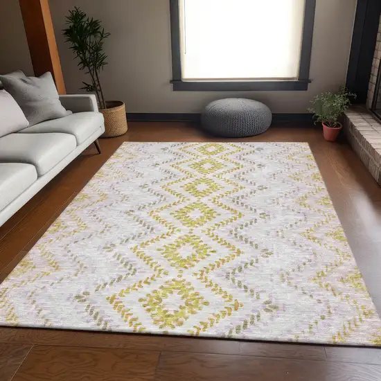 Pearl Gold And Ivory Geometric Washable Area Rug With UV Protection Photo 4