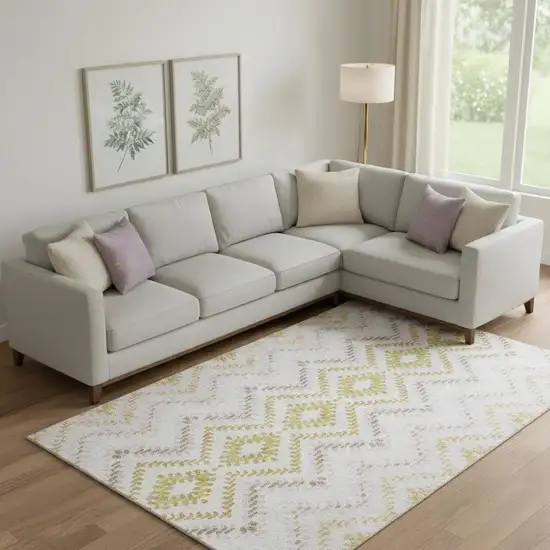 Pearl Gold And Ivory Geometric Washable Area Rug With UV Protection Photo 1