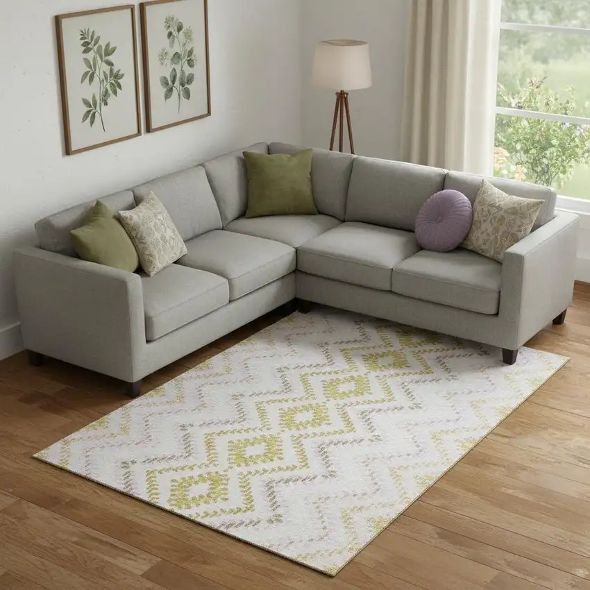 Pearl Gold And Ivory Geometric Washable Area Rug With UV Protection Photo 1