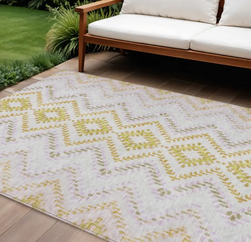 Pearl Ivory And Artichoke Green Geometric Washable Indoor Outdoor Area Rug Photo 1
