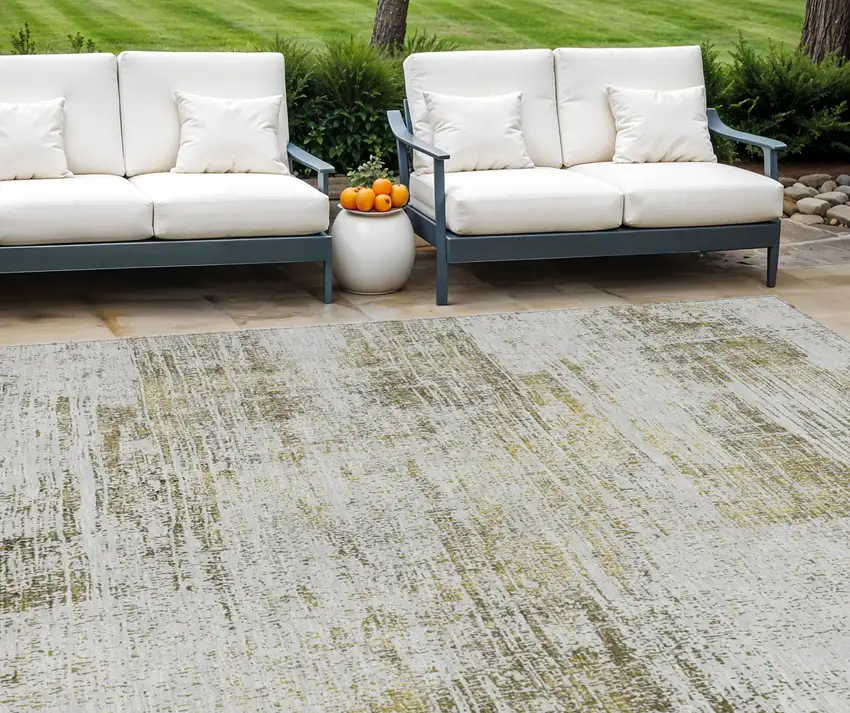 Pearl Ivory And Gold Abstract Washable Indoor Outdoor Area Rug Photo 1
