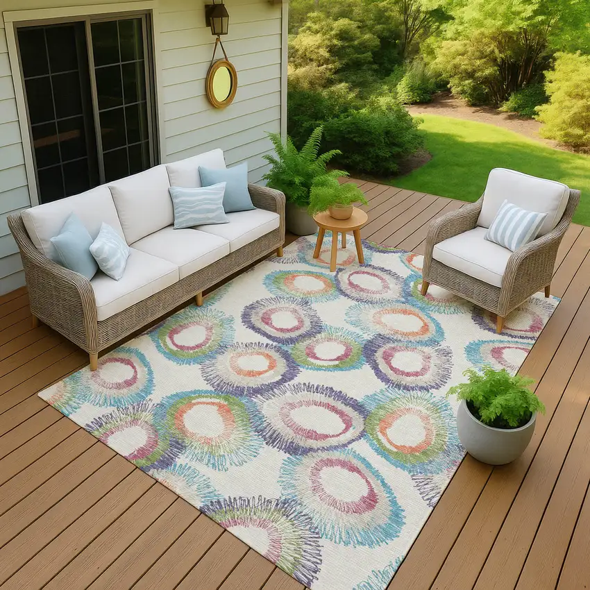 Pearl Ivory And Green Geometric Washable Indoor Outdoor Area Rug Photo 9
