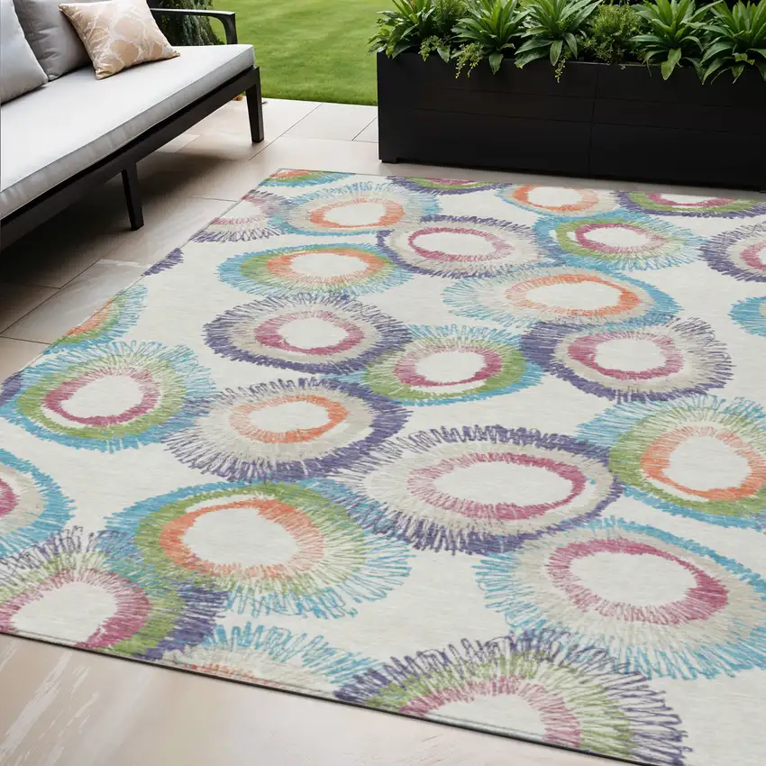 Pearl Ivory And Green Geometric Washable Indoor Outdoor Area Rug Photo 1