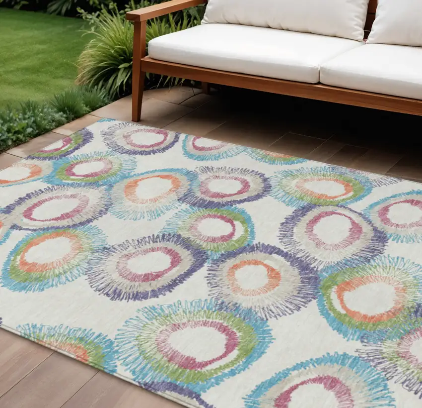 Pearl Ivory And Green Geometric Washable Indoor Outdoor Area Rug Photo 1