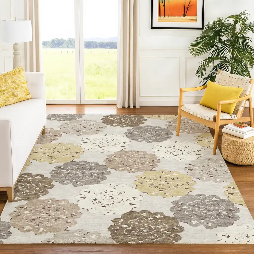 Pearl Ivory And Wheat Quatrefoil Washable Indoor Outdoor Area Rug Photo 9