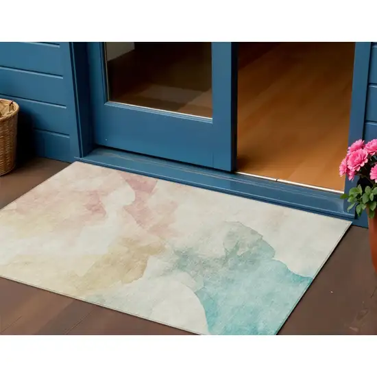Pearl Ivory Beige And Teal Blue Abstract Washable Indoor Outdoor Area Rug Photo 2