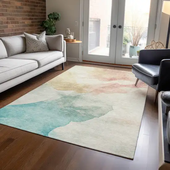 Pearl Ivory Beige And Teal Blue Abstract Washable Indoor Outdoor Area Rug Photo 5