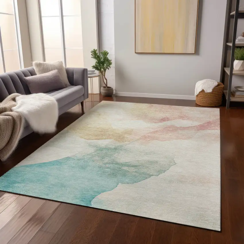 Pearl Ivory Beige And Teal Blue Abstract Washable Indoor Outdoor Area Rug Photo 6