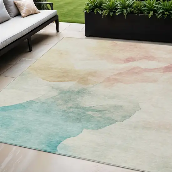 Pearl Ivory Beige And Teal Blue Abstract Washable Indoor Outdoor Area Rug Photo 2