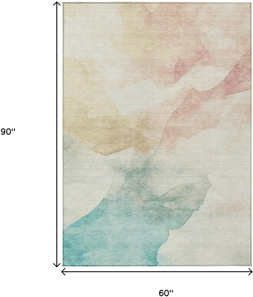 Pearl Ivory Beige And Teal Blue Abstract Washable Indoor Outdoor Area Rug Photo 9