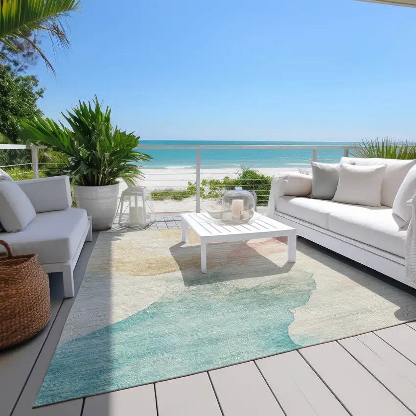 Pearl Ivory Beige And Teal Blue Abstract Washable Indoor Outdoor Area Rug Photo 7