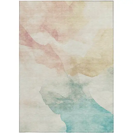 Pearl Ivory Beige And Teal Blue Abstract Washable Indoor Outdoor Area Rug Photo 1