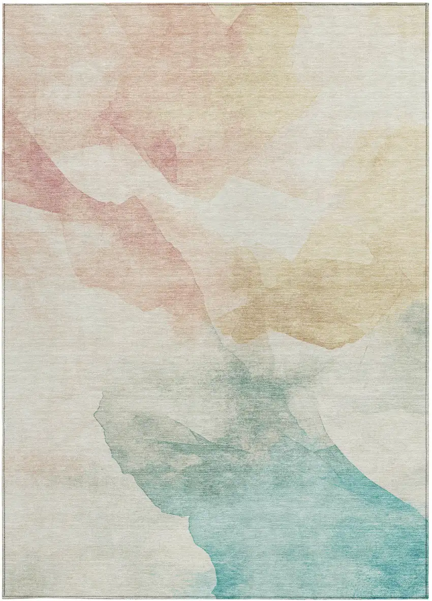 Pearl Ivory Beige And Teal Blue Abstract Washable Indoor Outdoor Area Rug Photo 1