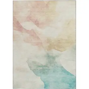 Photo of Pearl Ivory Beige And Teal Blue Abstract Washable Indoor Outdoor Area Rug