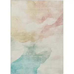 Photo of Pearl Ivory Beige And Teal Blue Abstract Washable Indoor Outdoor Area Rug