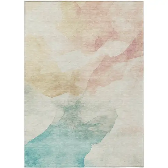 Pearl Ivory Beige And Teal Blue Abstract Washable Indoor Outdoor Area Rug Photo 1